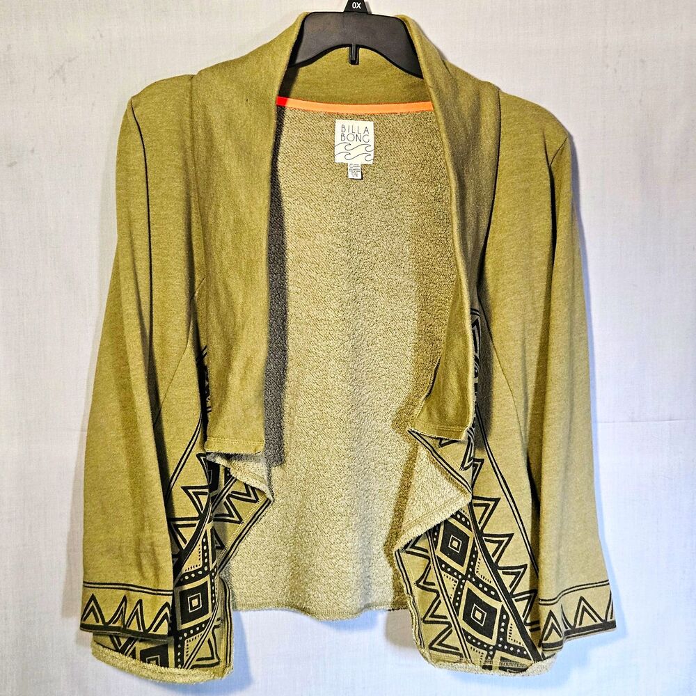Billabong Sweater Cardigan Tralalah Womens L Green Aztec Tribal Open Front Surf